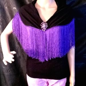 Sleeveless Frindge Purple and Black  Western Blouse  w/ Rhinestone  Broach sz sm
